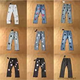 Jeans voor heren Merken Designer Heren Ch Sanskriet Gewassen in oude rechte Jean Harten Splash-inkt Losse kruisprint Casual kleding