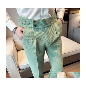 Heren jeans Brits stijl mannen hoge taille zakelijke jurk mode mode houndstooth kantoor sociaal pak bruiloft bruidegom casual broek 2836 dr dhurf