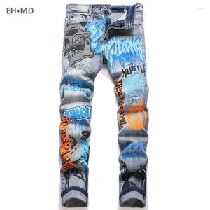 Jeans pour hommes Trou cassé Hommes Graffiti Crâne Broderie Porté Haute Élastique 3D Fermeture À Glissière Intérieure Blanchi Slim Fit Pantalon Doux Feet24