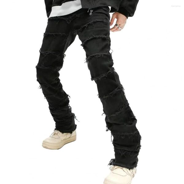 Jeans para hombre Burr Edge Black Streetwear Pantalones de mezclilla rasgados Slim Fit Straight Leg Hip Hop Pantalones Color sólido Mid-rise