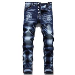 Bouton de jeans masculin laser chat tridimensionnel château bleu coton élastique slim ajustement petit tube droit