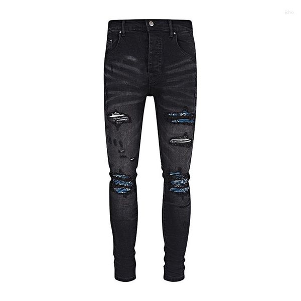 Jeans masculins acheter mx1 en détresse ajusté slim fit noir luxe skinny extensible denim pénible détruit des côtes patchs trous pantalon