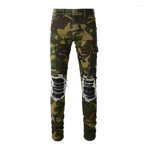 Jeans masculin camouflage style militaire multi-poche slim stretch trou d'épissure en cuir pantalon denim a536