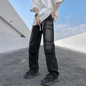 Männer Jeans Cargo Kleidung Einfarbig Elastische Taille Kordelzug Multi-taschen Gerade Hosen Gespleißt Lose Hosen A025