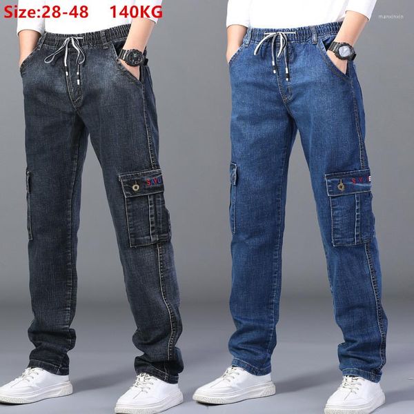 Jeans pour hommes Cargo hommes élastique grande taille 48 46 44 42 pantalon taille haute pantalon de travail droit décontracté étiré noir Denim Streetwear