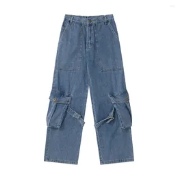 Jeans pour hommes Cargo Pantalon Homme Grandes poches Rétro Droite Lâche Couleur Solide Taille élastique Large Jambe Casual Pleine Longueur High Street