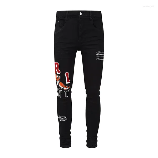 Jeans pour hommes Casual Mode Noir Brodé Tiger Trous en détresse Ripped Patch Skinny High Street pour hommes