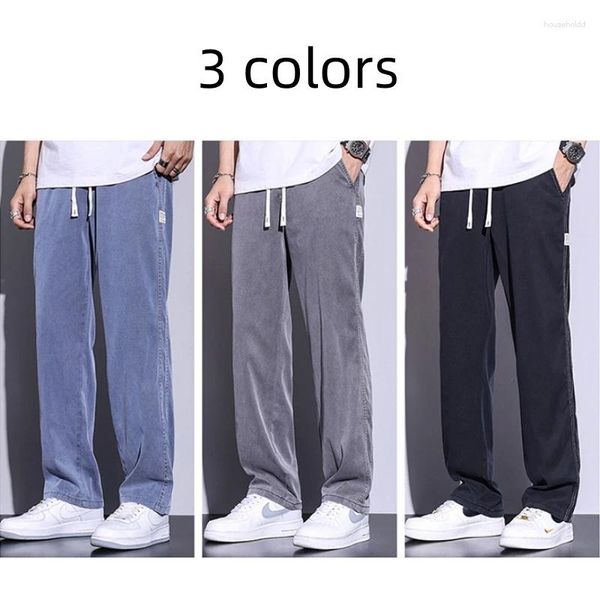 Pantalones vaqueros para hombre estilo coreano informal con cordón elástico cintura suelta recta seda de hielo tela Lyocell pantalones diarios de verano para hombre