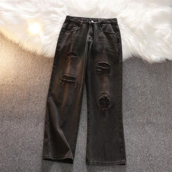 Jeans pour hommes Pantalons décontractés Hommes American Streetwear Pantalon High Street Vintage Beau Mode Ripped Straight Wide Leg Denim B128