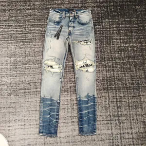 Jeans para hombres Casual Slim Hombres Diseñadores Jean Pantalones elásticos Destruir la colcha de la rodilla Ripped Straight Denim A.M Cuero Retro Hip Hop Street Pant