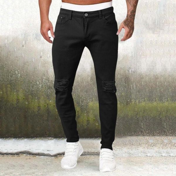 Jeans pour hommes Casual Sports Couleur unie Classique High Stretch Trou serré Régulier Bas droit Chaussette Original Fit Jean Cool Pantalon Hommes