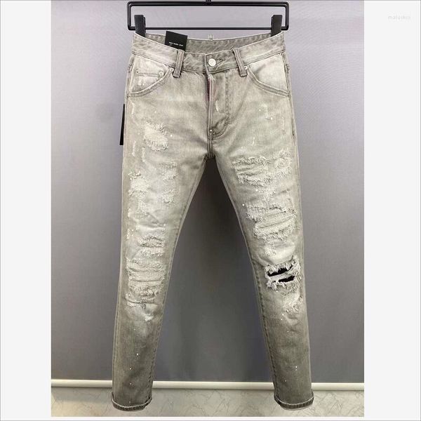 Jeans pour hommes décontracté à la mode MotoBiker haute rue Denim tissu pantalon mode trou peinture en aérosol 9832 #