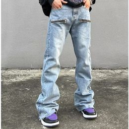 Jeans masculins Celana Jins Pria Y2k Ritslet Retro Dicuci Longgar Flare Pria Streetwear Hip Hop Kaki Lebar Celana Denim Lurus Ropa Hombre 2023 230907
