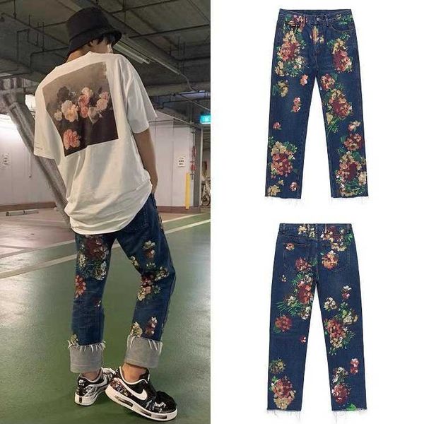 Jeans pour hommes Chaopai GD Quan Zhilong, le même jean fleur graffiti peint à la main de l'industrie lourde et un pantalon droit décontracté en bavure