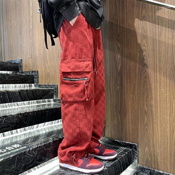 Jeans pour hommes échiquier damier mode rue hip hop lâche pantalon droit large couple vêtements d'extérieur rouge noir