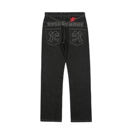 Herenjeans chic star letter borduurwerk zwarte hiphop mannen rechte jeans broek streetwear mannelijke baggy denim broek mode spodnie 230225