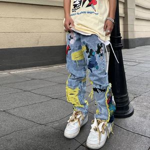 Jeans pour hommes peinture chinoise patch brodé denim déchiré pour hommes streetwear lavé détruit plissé droit jean mâle glands 230715