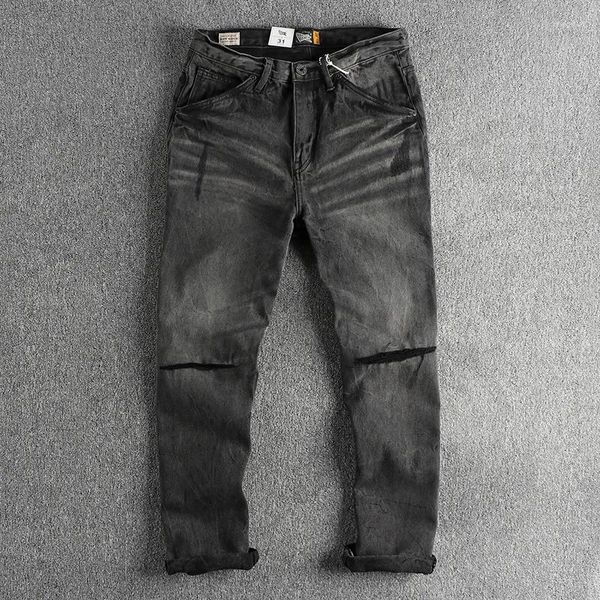 Jeans para hombre Chunky Heavy Vintage Wash Black Crease Craft Pantalones pequeños de pierna recta