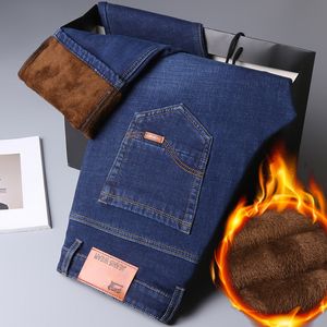 Jeans para hombres Classic Casual Winter Business Straight Fleece Grueso Cálido Ajuste Algodón Stretch Mid High Cintura Pantalones 221122