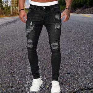 Jeans masculin classique jean masque en jean noir pantalon crayon en larmes printemps / été décontracté sportif élastique de couleur solide jeans à la mode le jambe 2404 à la mode LEGSL2404
