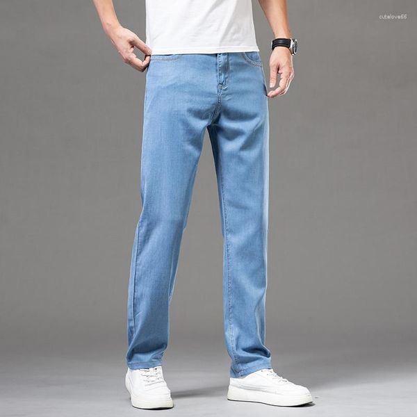 Jeans pour hommes Style classique été mince ample droite affaires décontracté bleu clair Stretch glace soie pantalon Denim pantalon marque masculine