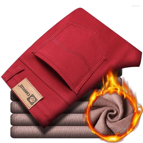 Pantalones vaqueros para hombre Estilo clásico Vino Rojo Moda de invierno Negocios Casual Slim Fit Pantalones de mezclilla cálidos de lana recta Pantalones de marca masculina