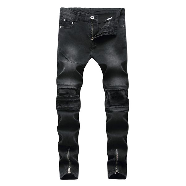 Hommes Jeans Déchiré Drapé Biker Genou Plissée Cheville Fermeture Éclair Marque Slim Fit Coupe Détruit Maigre Jean Casual Mode Pantalon Pour Homme