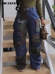 Jeans pour hommes CM Yaya Femmes Poche Avant Camouflage Patchwork Style Safari Pantalon en denim droit 2023 Automne Hiver Street Cargo Pantalon 231122