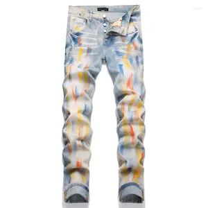 Jeans pour hommes Peinture colorée Imprimer Marque High Street Style Punk Stretch Slim Pantalones Hombre Taille Moyenne Bleu Skinny Cargo Pantalon
