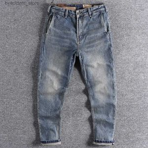 Herenjeans Contrasterende kleur zak herfst Amerikaanse tooling retro lichtgekleurde gewassen jeugd lange broek slanke jeans heren L240313