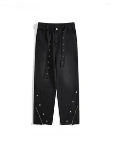 Jeans pour hommes couleur contrastée fermeture éclair fente marque tendance haute rue Streamer ceinture taille beau Hip Hop droit pantalon Denim décontracté