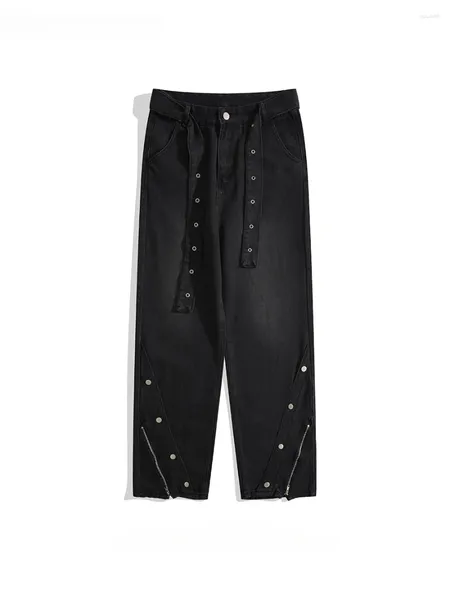 Jeans pour hommes couleur contrastée fermeture éclair fente marque tendance haute rue Streamer ceinture taille beau Hip Hop droit pantalon Denim décontracté