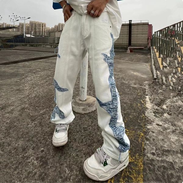 Jeans pour hommes Cool Design Patchwork Blanc Coton Hommes Baggy Pantalon Y2K Vêtements Droite Hip Hop Punk Lâche Denim Pantalon Ropa Hombre 230625