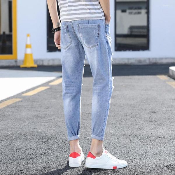 Jeans para hombre Cool Men Color sólido Hasta el tobillo Elástico Rasgado Borla Pantalones de mezclilla Lavable Slim Streetwear