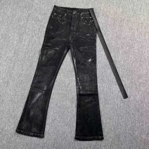 Herenjeans Correcte versie van Micro Horn Wax Pants R-O Dark Black Style Pure Hand Bushed Coating Staped Casual Slim Fitting