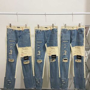 Jeans pour hommes version correcte we11done jeans trou couture tube droit industrie lourde welldone high street pants