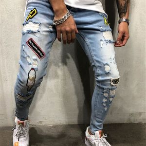 Jeans pour hommes Mélange de coton Skinny Hole Ripped Denim pour hommes Hip Hop Slim Fit Streetwear Patchwork Badge Pantalon crayon bleu en détresse 230721