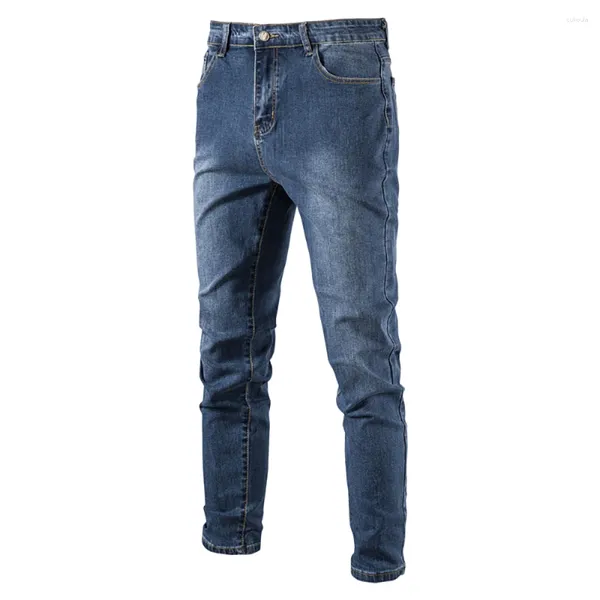 Jeans pour hommes coton extensible bleu hommes décontracté couleur unie taille moyenne hommes coréen denim pantalon automne haute qualité fermeture éclair jean pour