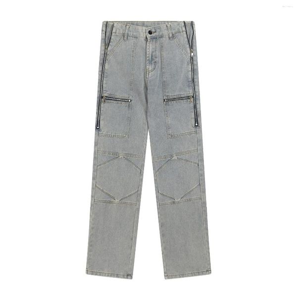 Jeans para hombres Pareja American Street Hombres General Retro Zip Up Pierna recta Pantalones de carga para mujeres Casual Silm Fit