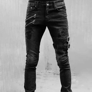 Herenjeans gebarsten punk gotische ritsed denim broek hiphop taps toelopende been slanke fit fit fit heren heren noodlijdende motorfiets Q240509