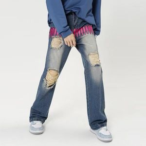 Mannen Jeans Creativiteit High Street Borduurwerk Gescheurd Rechte Hiphop Retro Losse Wijde Pijpen Broek Baggy Mannen En Vrouwen 5056