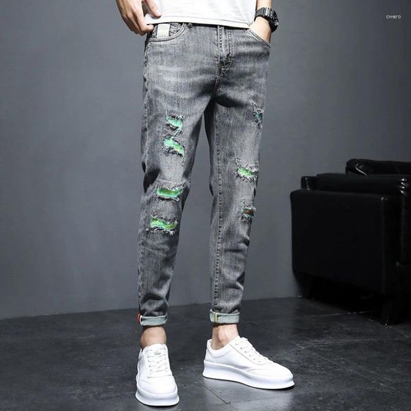 Jeans pour hommes recadrés Slim Fit homme Cowboy pantalon avec trous pantalon cassé déchiré tuyau serré élastique maigre extensible déchiré rétro XS