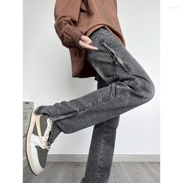 Jeans pour hommes Cumukkiyp lâche jambe droite vintage couleur gris foncé fermeture à glissière pantalon de rue pour automne / hiver