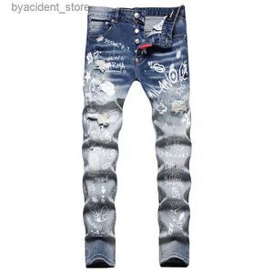 Jeans pour hommes D2 Hommes Badge Rips Stretch Violet Jeans Hommes Mode Slim Fit Lavé Moto Denim Pantalon À Panneaux Hip Hop Pantalon L240313