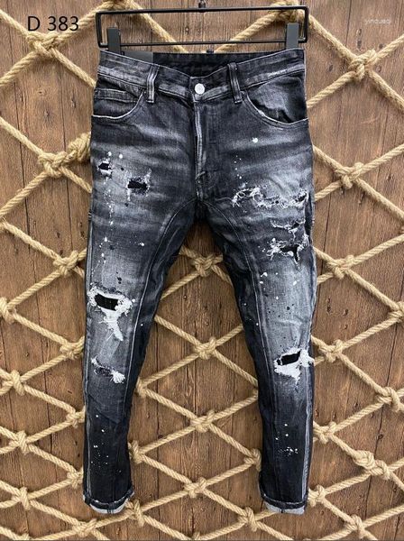 Jeans Homme D383 Lavage Élastique Perforé Petits Pieds Serrés Noir Gris D Pantalon Homme Et Femme