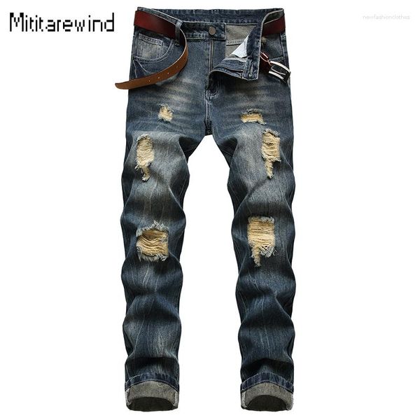 Jeans pour hommes Quotidien Casual Hommes Tendance Déchiré Lavé Taille Moyenne Pleine Longueur Bleu Foncé Droit Slim Simple Pantalon Polyvalent