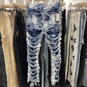 Heren jeans beschadigd en gescheurde stikselde hiphop trendy modebroek T230406