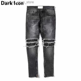 Jeans pour hommes foncé plissé sur le genou Jeans pour hommes High Street moto Denim pantalon hommes pleine longueur Q231212