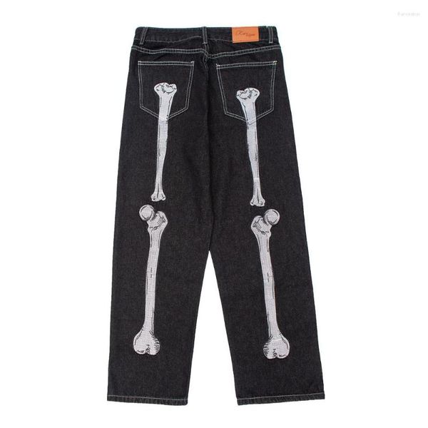 Pantalones vaqueros de hombre oscuro hueso serio bordado mano esqueleto pierna ancha Hip Hop pantalones holgados Casual High Street Dance Board pantalones de mezclilla
