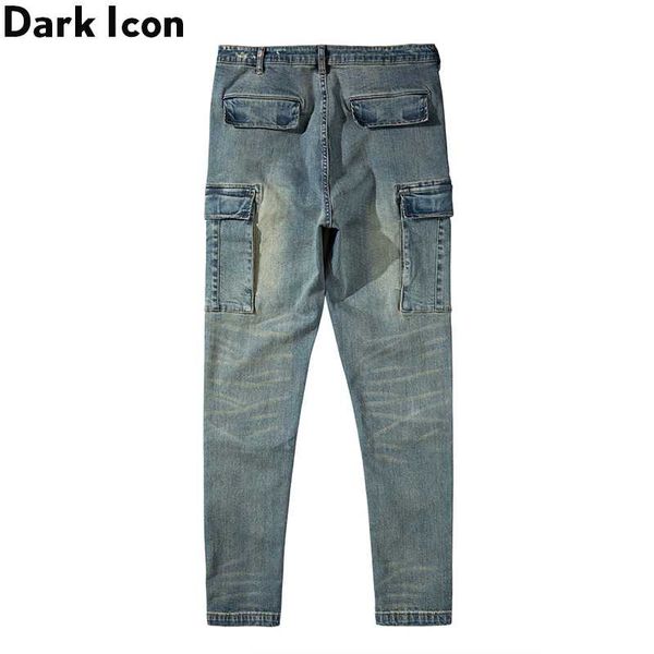 Jeans pour hommes Lavage foncé Vintage Skinny Hommes Poches latérales High Street Pantalon en denim spandex